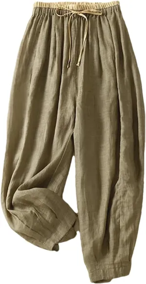 Women Vintage Japan Cotton Trousers Solid Elastic Waist Harem Pants