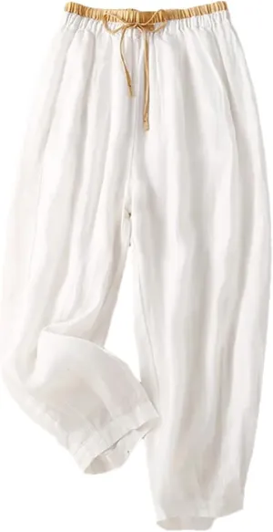 Women Vintage Japan Cotton Trousers Solid Elastic Waist Harem Pants