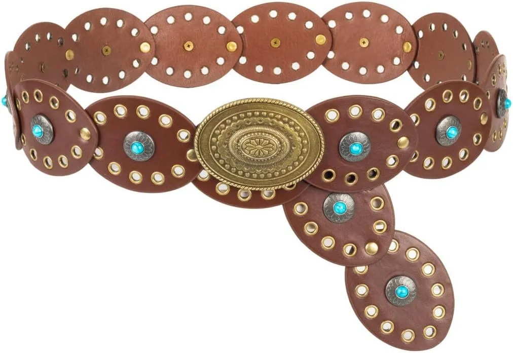 Women Western-Belts Wide-Hollow-Disc-Leather-Belt Metal Buckle Vintage Soft Belt for Jeans Dresses