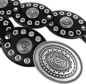 Women Western-Belts Wide-Hollow-Disc-Leather-Belt Metal Buckle Vintage Soft Belt for Jeans Dresses