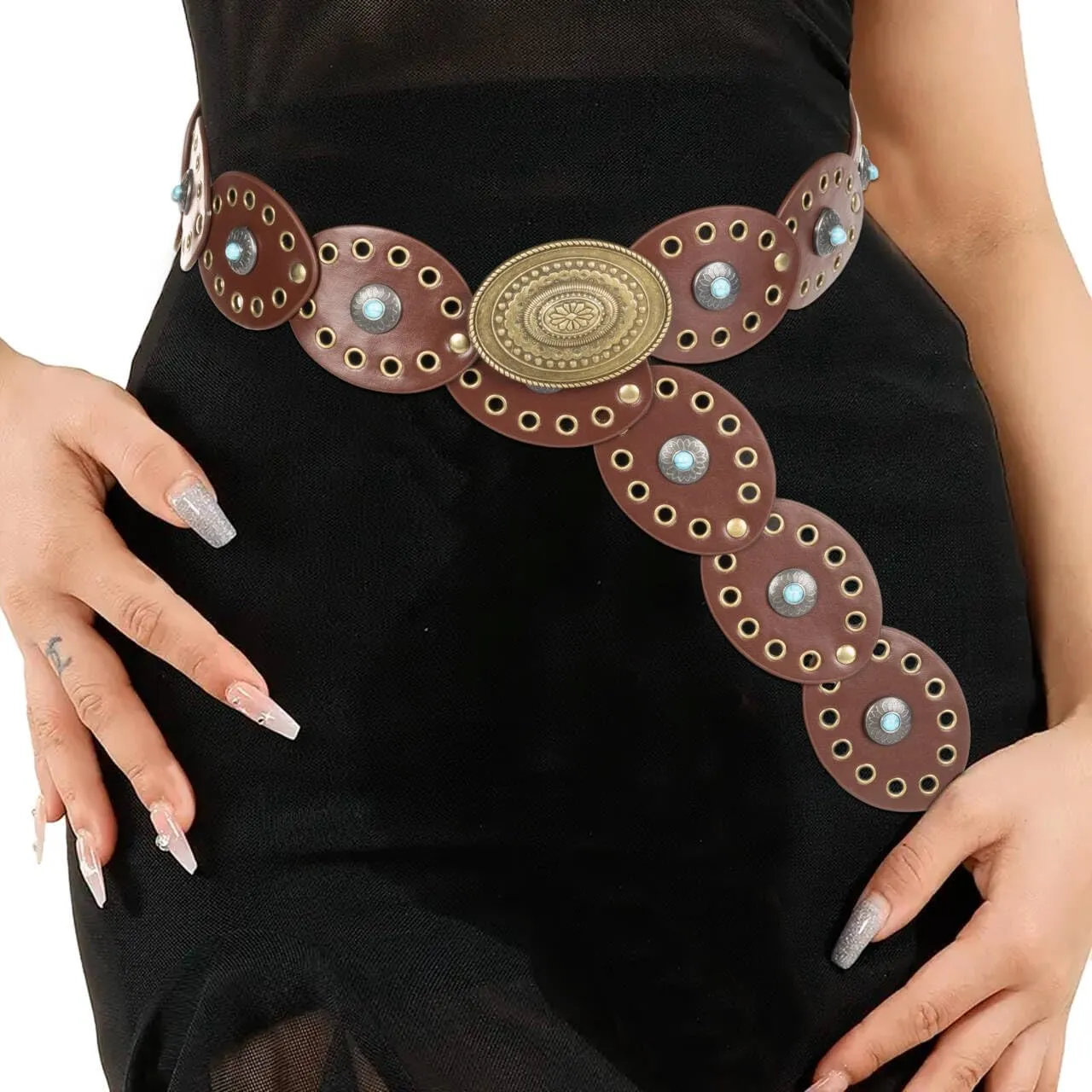 Women Western-Belts Wide-Hollow-Disc-Leather-Belt Metal Buckle Vintage Soft Belt for Jeans Dresses