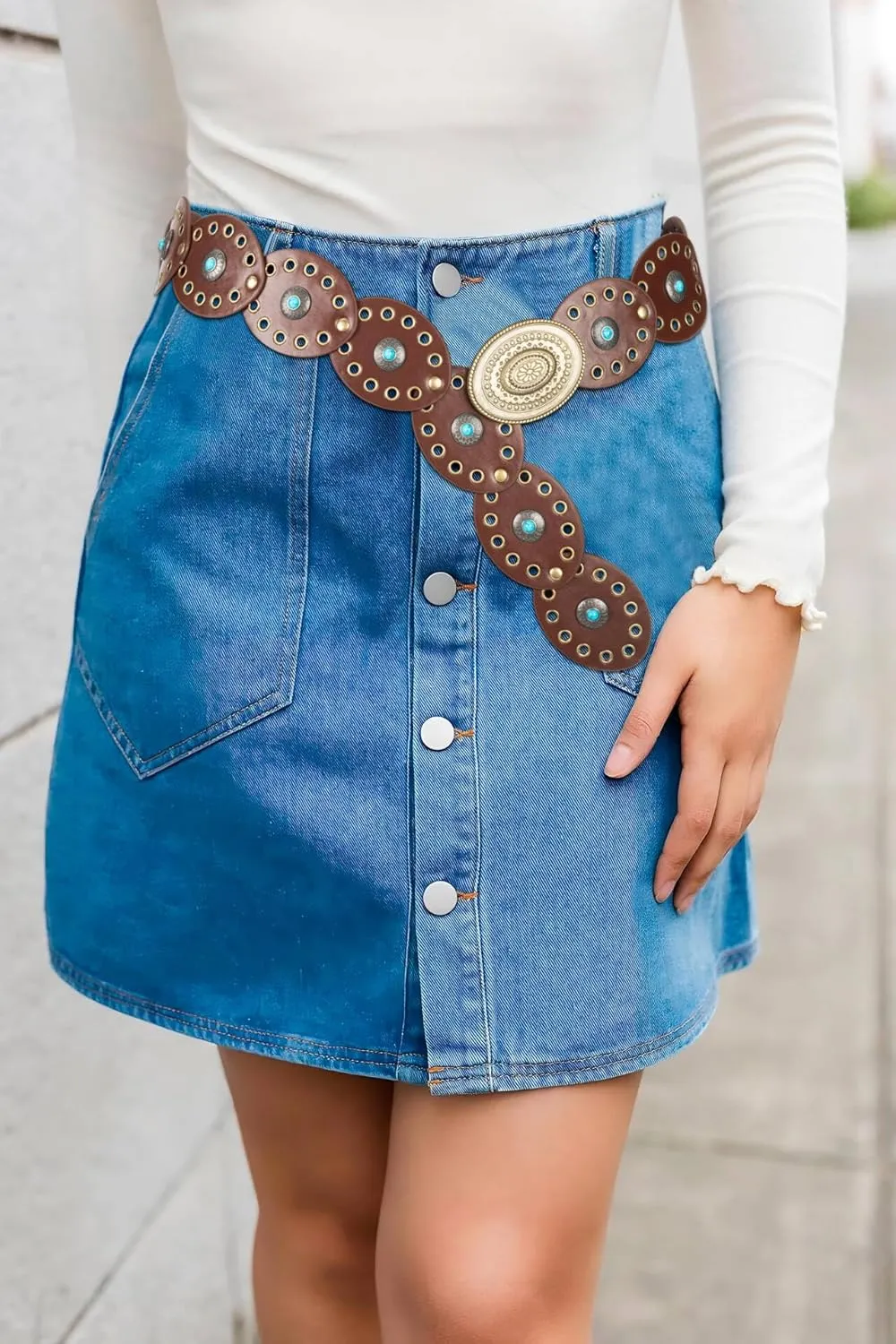 Women Western-Belts Wide-Hollow-Disc-Leather-Belt Metal Buckle Vintage Soft Belt for Jeans Dresses