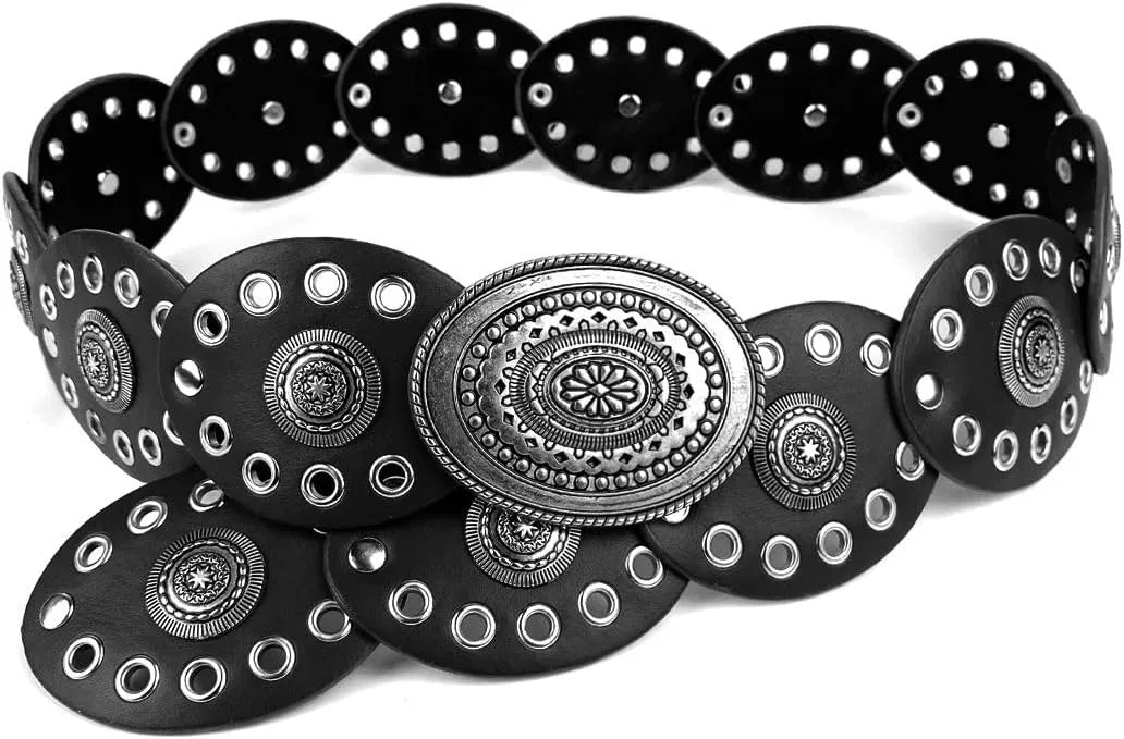 Women Western-Belts Wide-Hollow-Disc-Leather-Belt Metal Buckle Vintage Soft Belt for Jeans Dresses