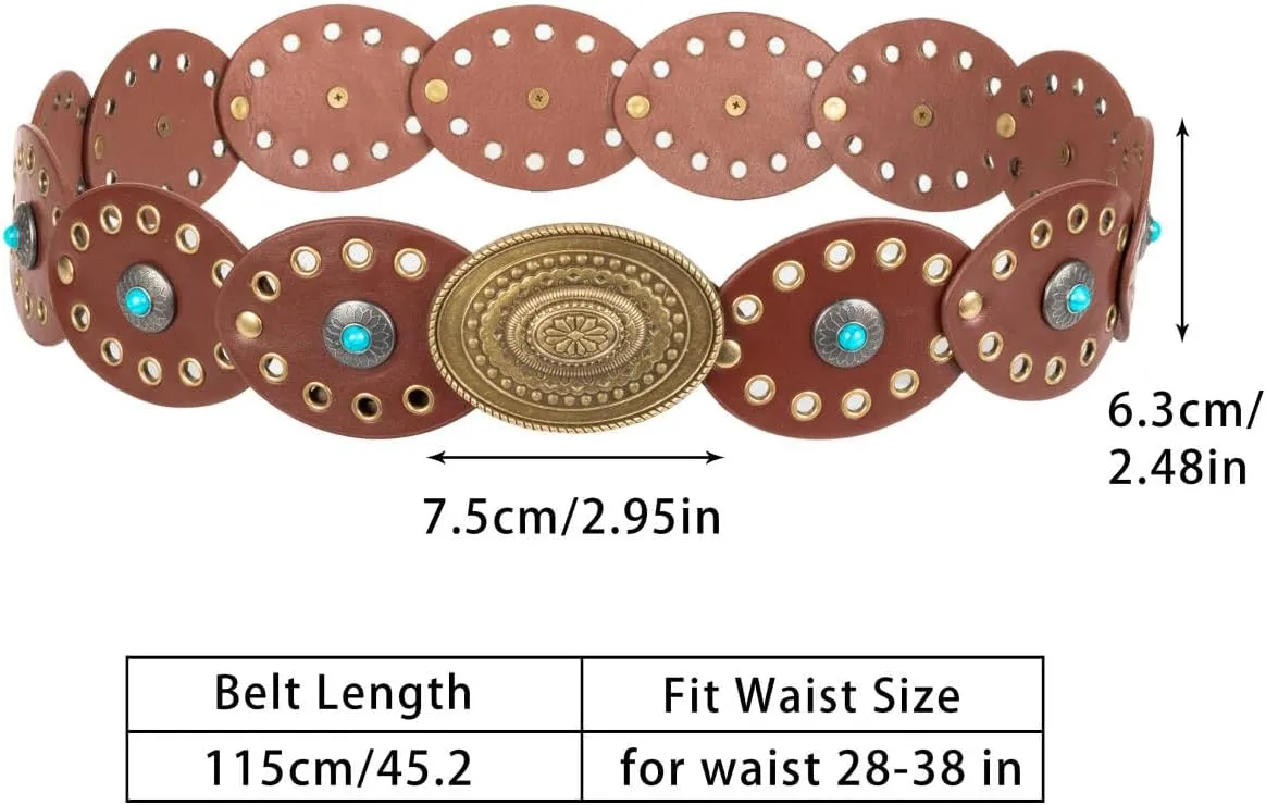 Women Western-Belts Wide-Hollow-Disc-Leather-Belt Metal Buckle Vintage Soft Belt for Jeans Dresses