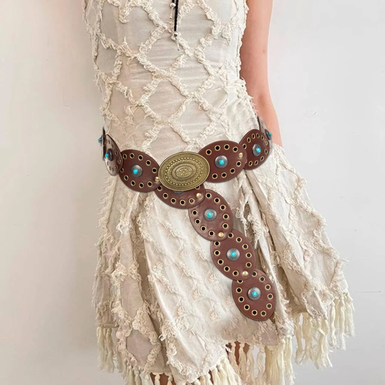 Women Western-Belts Wide-Hollow-Disc-Leather-Belt Metal Buckle Vintage Soft Belt for Jeans Dresses