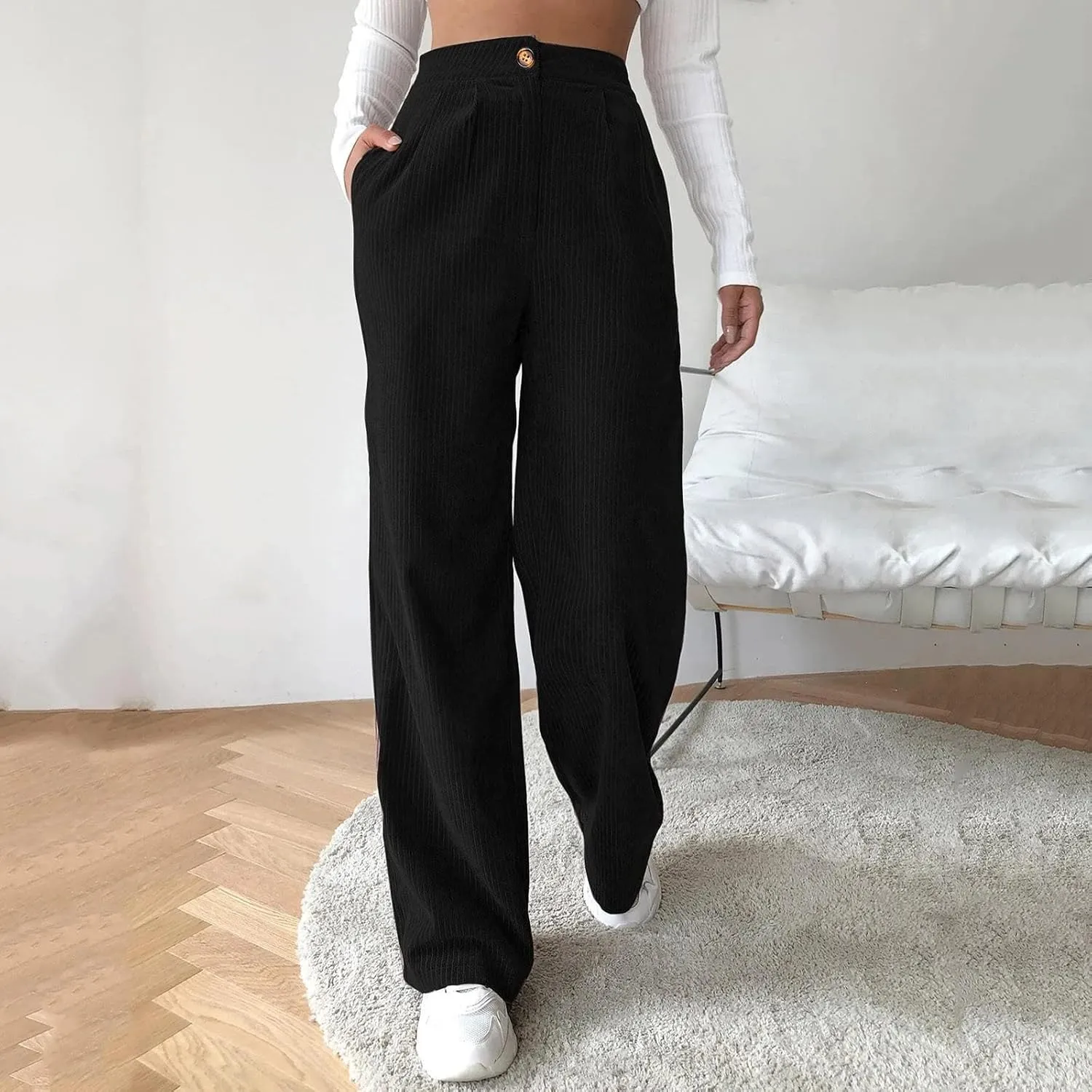 Women Wide Leg High Waist Linen Pants Back Elastic Waist Work Casual Trousers