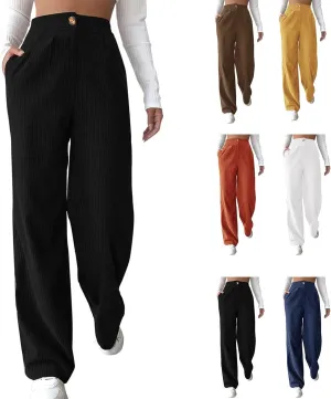 Women Wide Leg High Waist Linen Pants Back Elastic Waist Work Casual Trousers