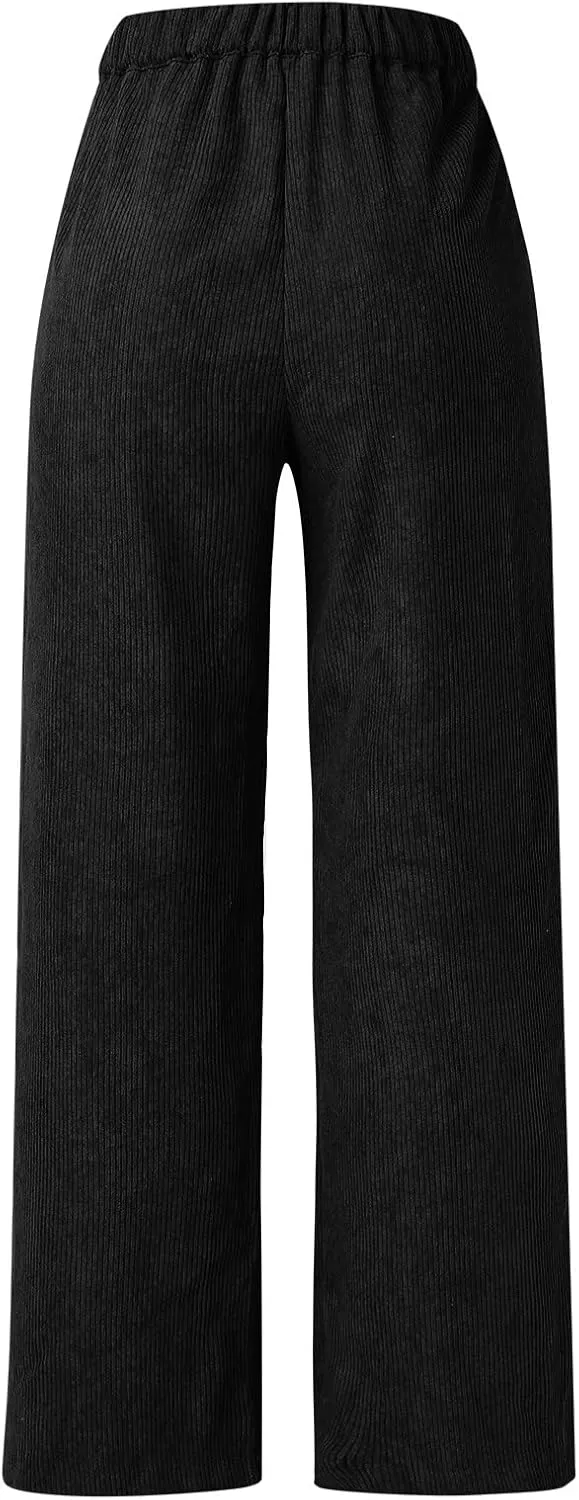 Women Wide Leg High Waist Linen Pants Back Elastic Waist Work Casual Trousers