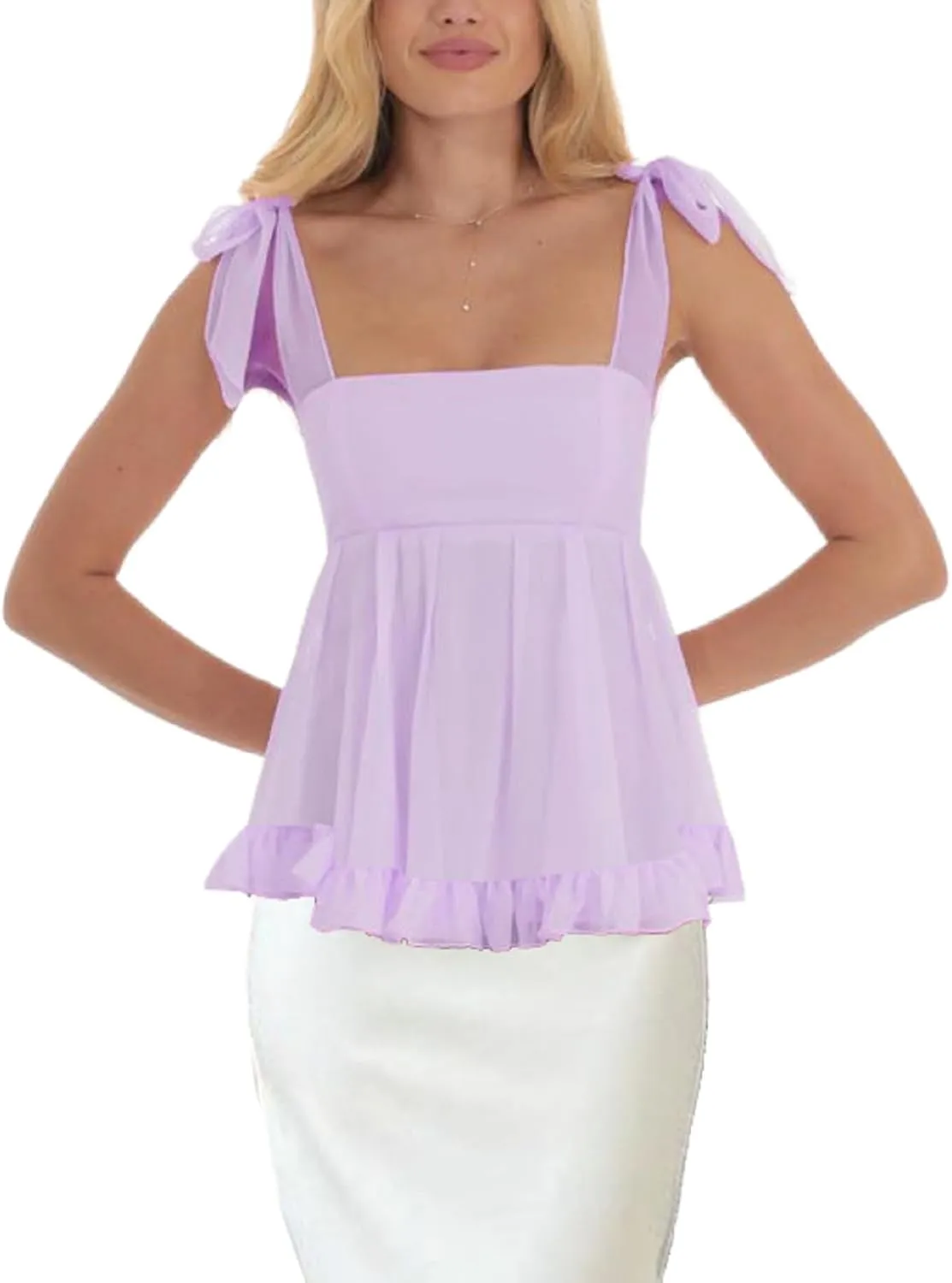 Women Y2k Babydoll Tank Top Tie Shoulder Ruffle Hem Spaghetti Strap Peplum Tops Square Neck Summer Camisole