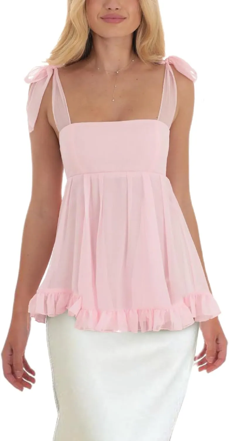 Women Y2k Babydoll Tank Top Tie Shoulder Ruffle Hem Spaghetti Strap Peplum Tops Square Neck Summer Camisole