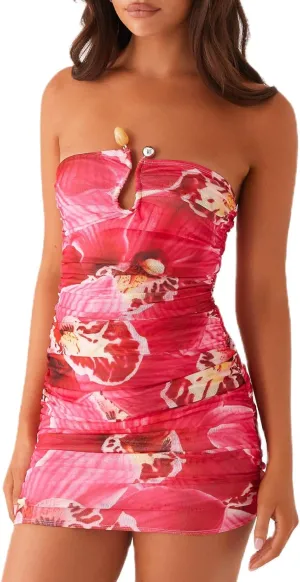 Women Y2k Bodycon Mini Dress Sexy Strapless Floral Print A Line Short Dress Sleeveless Backless Party Clubwear