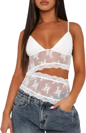 Women Y2k Cami Tank Tops Lace Plaid Tank Top V Neck Spaghetti Strap Floral Print Going Out Camisoles