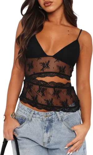 Women Y2k Cami Tank Tops Lace Plaid Tank Top V Neck Spaghetti Strap Floral Print Going Out Camisoles