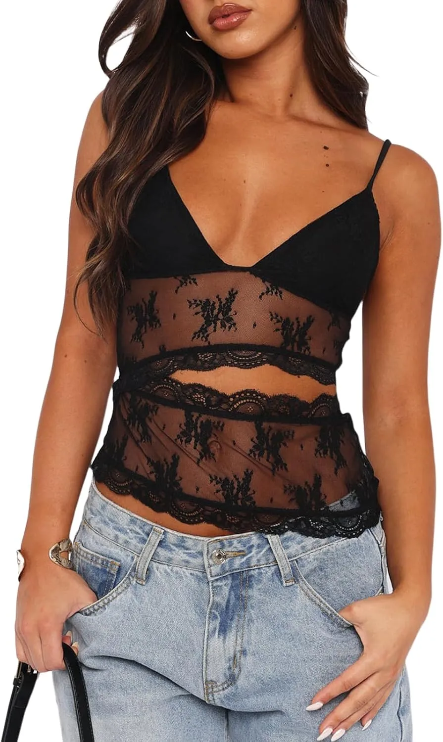 Women Y2k Cami Tank Tops Lace Plaid Tank Top V Neck Spaghetti Strap Floral Print Going Out Camisoles