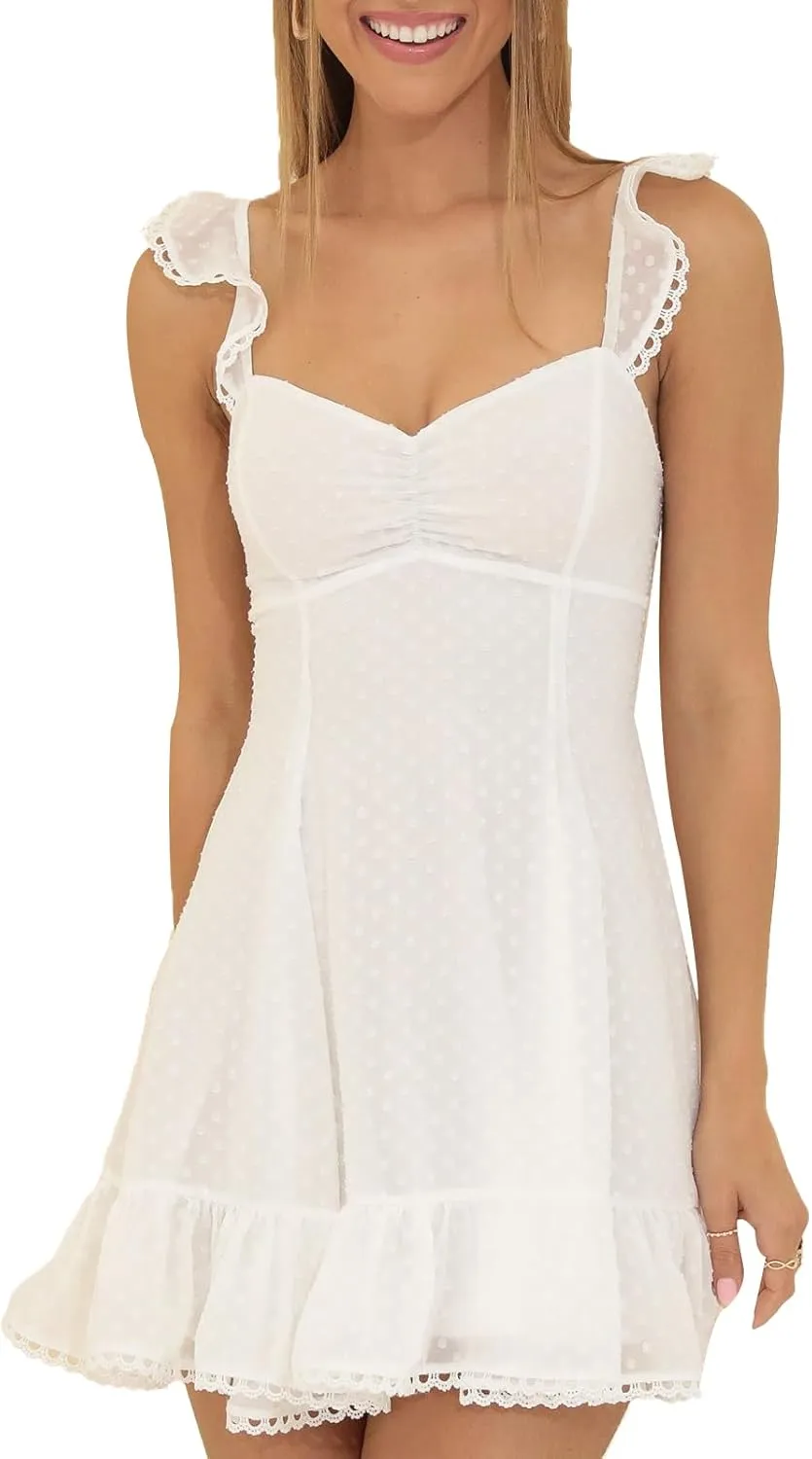 Women Y2k Lace Mini Dress Ruffle Hem Tie Back A Line Short Dress Sleeveless Bodycon Fairy Party Clubwear
