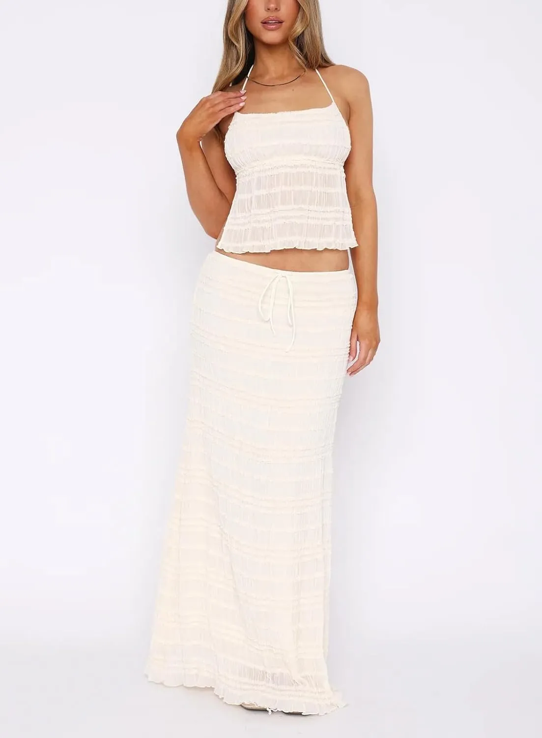 Women Y2k Ruffle 2 Piece Skirt Set Halter Backless Cami Crop Top Tiered Flowy Long Skirt Sets Beach Outfits