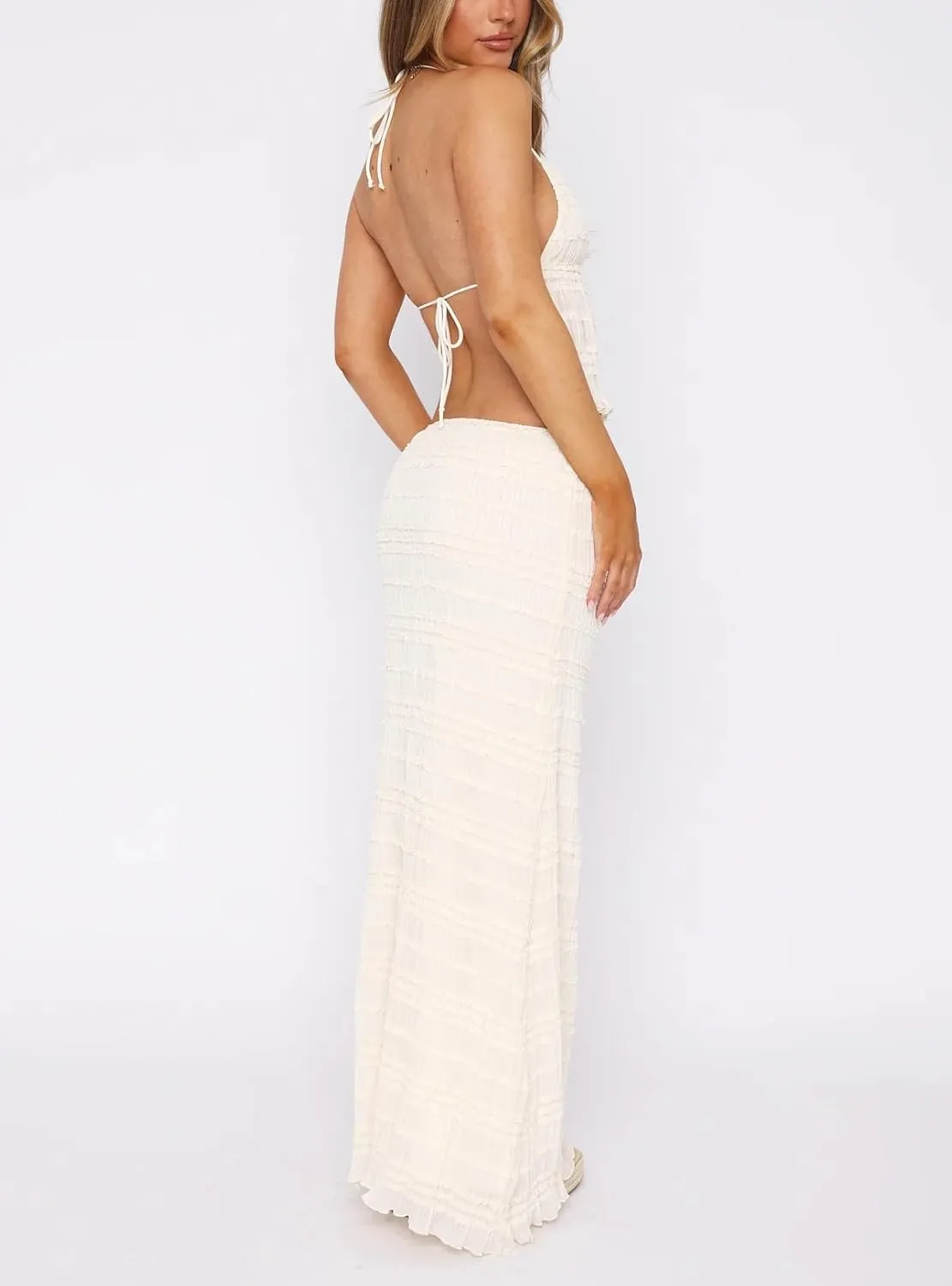 Women Y2k Ruffle 2 Piece Skirt Set Halter Backless Cami Crop Top Tiered Flowy Long Skirt Sets Beach Outfits