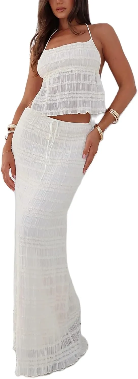 Women Y2k Ruffle 2 Piece Skirt Set Halter Backless Cami Crop Top Tiered Flowy Long Skirt Sets Beach Outfits