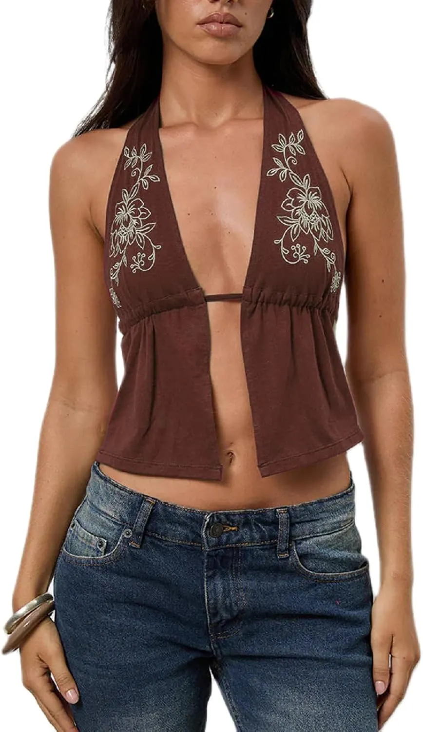 Women Y2k Tie Front Tank Tops V Neck Spaghetti Strap Floral Cami Top Sexy Split Summer Going Out Camisoles