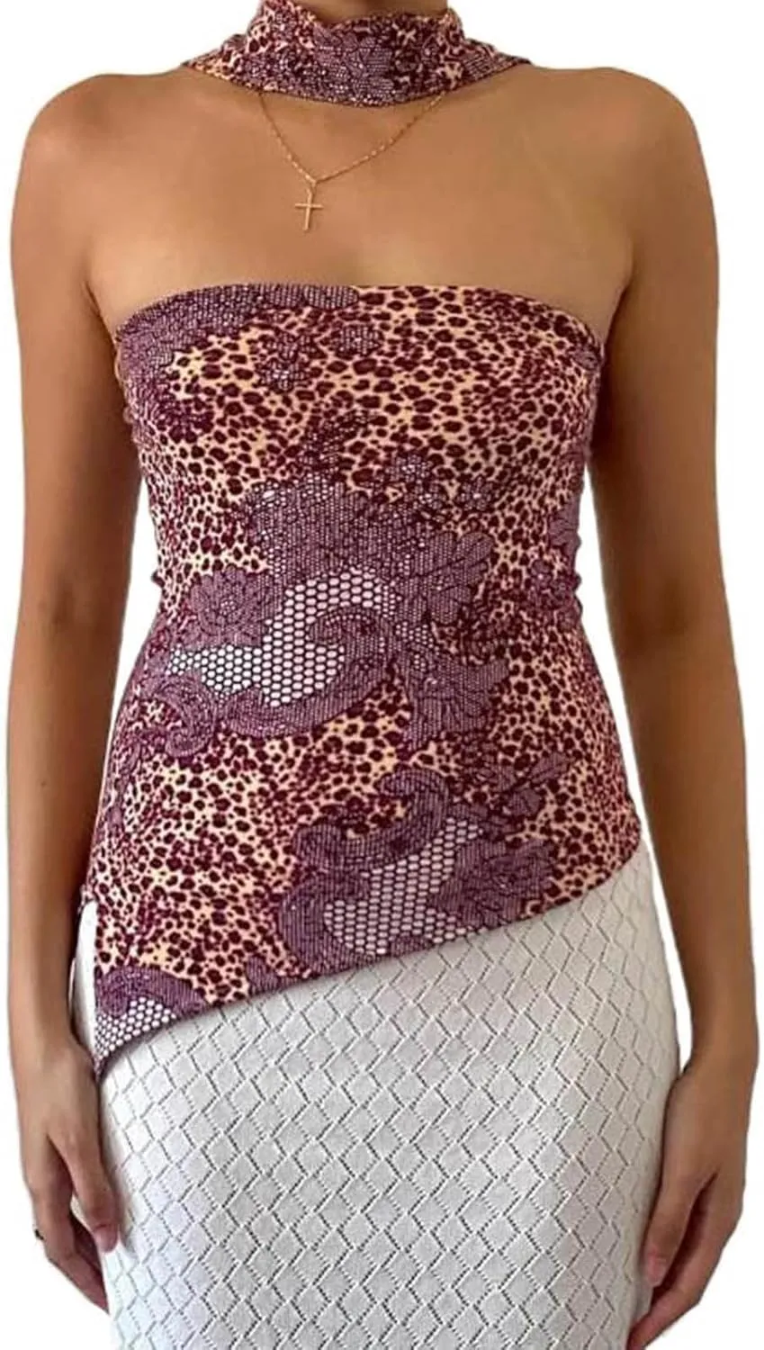 Women Y2k Tube Top Summer Mesh Floral Bandeau Crop Tops Sleeveless Strapless Ruched Going Out Tops with Scarf