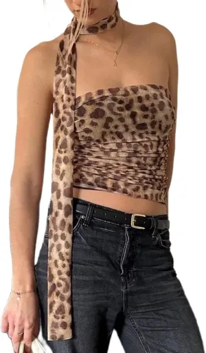 Women Y2k Tube Top Summer Mesh Floral Bandeau Crop Tops Sleeveless Strapless Ruched Going Out Tops with Scarf