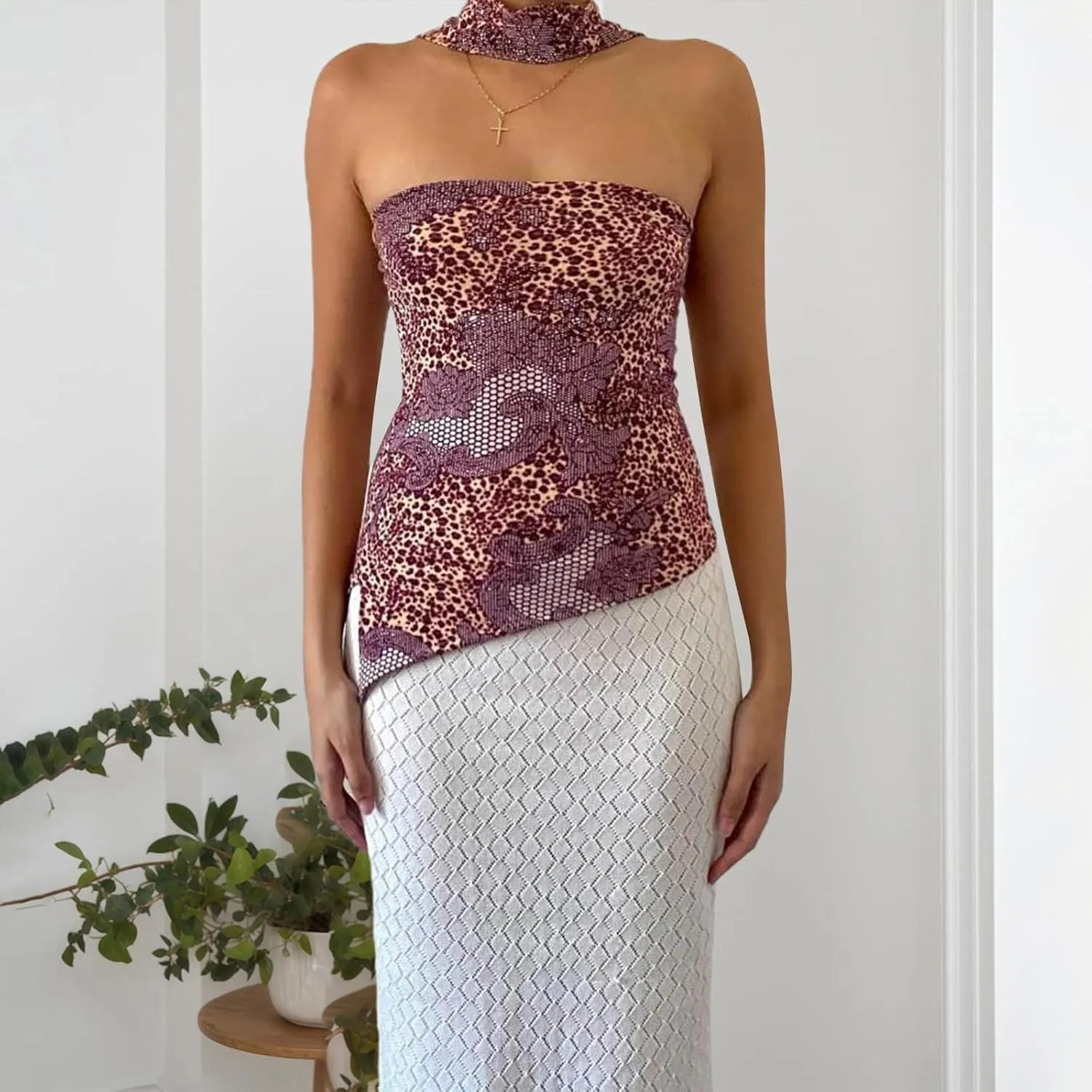 Women Y2k Tube Top Summer Mesh Floral Bandeau Crop Tops Sleeveless Strapless Ruched Going Out Tops with Scarf