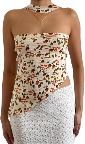 Women Y2k Tube Top Summer Mesh Floral Bandeau Crop Tops Sleeveless Strapless Ruched Going Out Tops with Scarf
