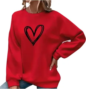 Womens 2024 Winter Oversized Crewneck Sweatshirts Cute Heart Print Tops Casual Loose Long Sleeve Pullover Sweaters