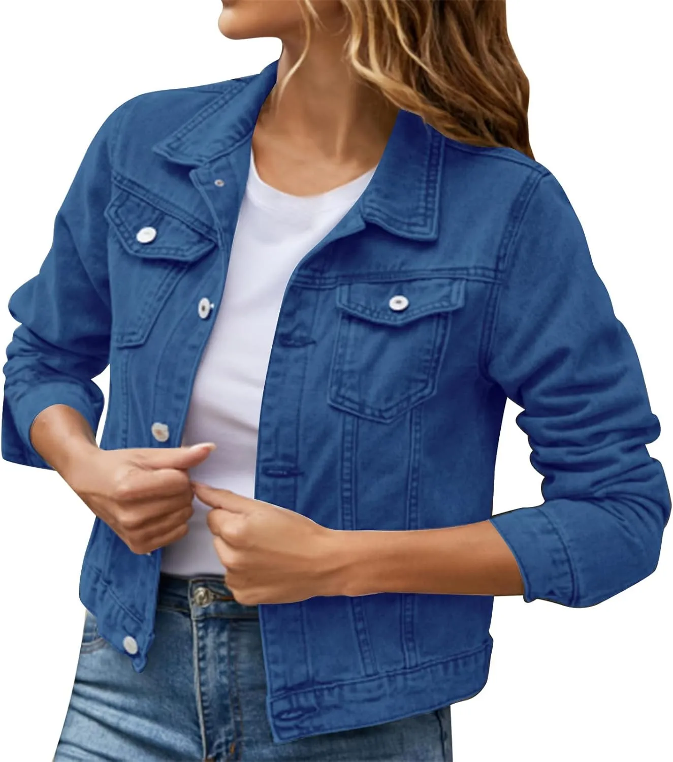Women's Basic Solid Color Button Down Denim With Pockets Denim Coat Little Denim Jacket