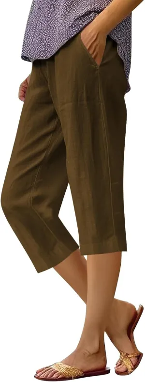 Women's Capri Pants High Waisted Linen Sweatpants Drawstring Petite Summer Beachwear Lightweight Elastic Waist Pants