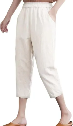 Womens Capri Pants Summer Elastic Waist Pants Dressy Casual Straight Wide Leg High Waisted Pockets Cropped Trouser