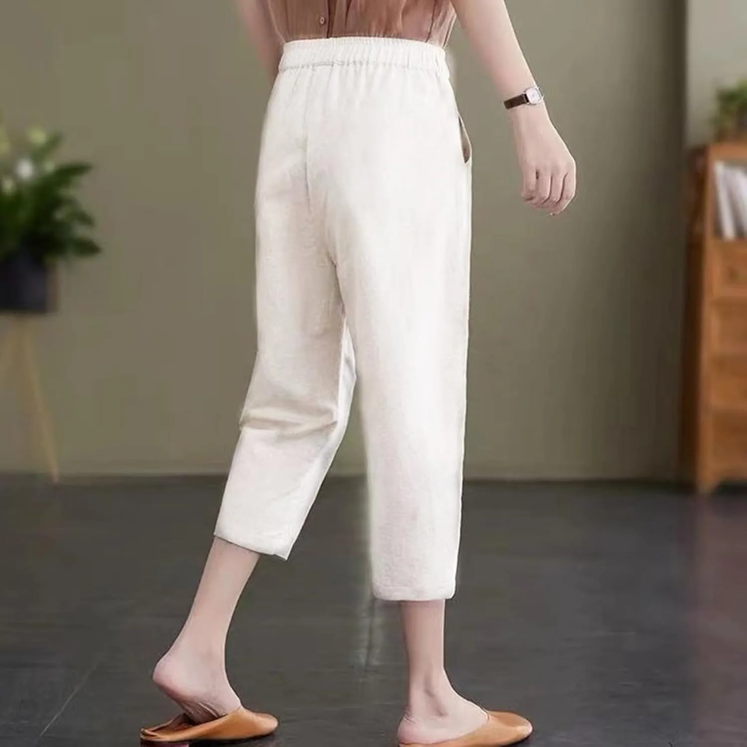 Womens Capri Pants Summer Elastic Waist Pants Dressy Casual Straight Wide Leg High Waisted Pockets Cropped Trouser