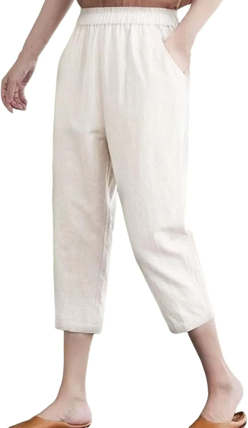 Womens Capri Pants Summer Elastic Waist Pants Dressy Casual Straight Wide Leg High Waisted Pockets Cropped Trouser