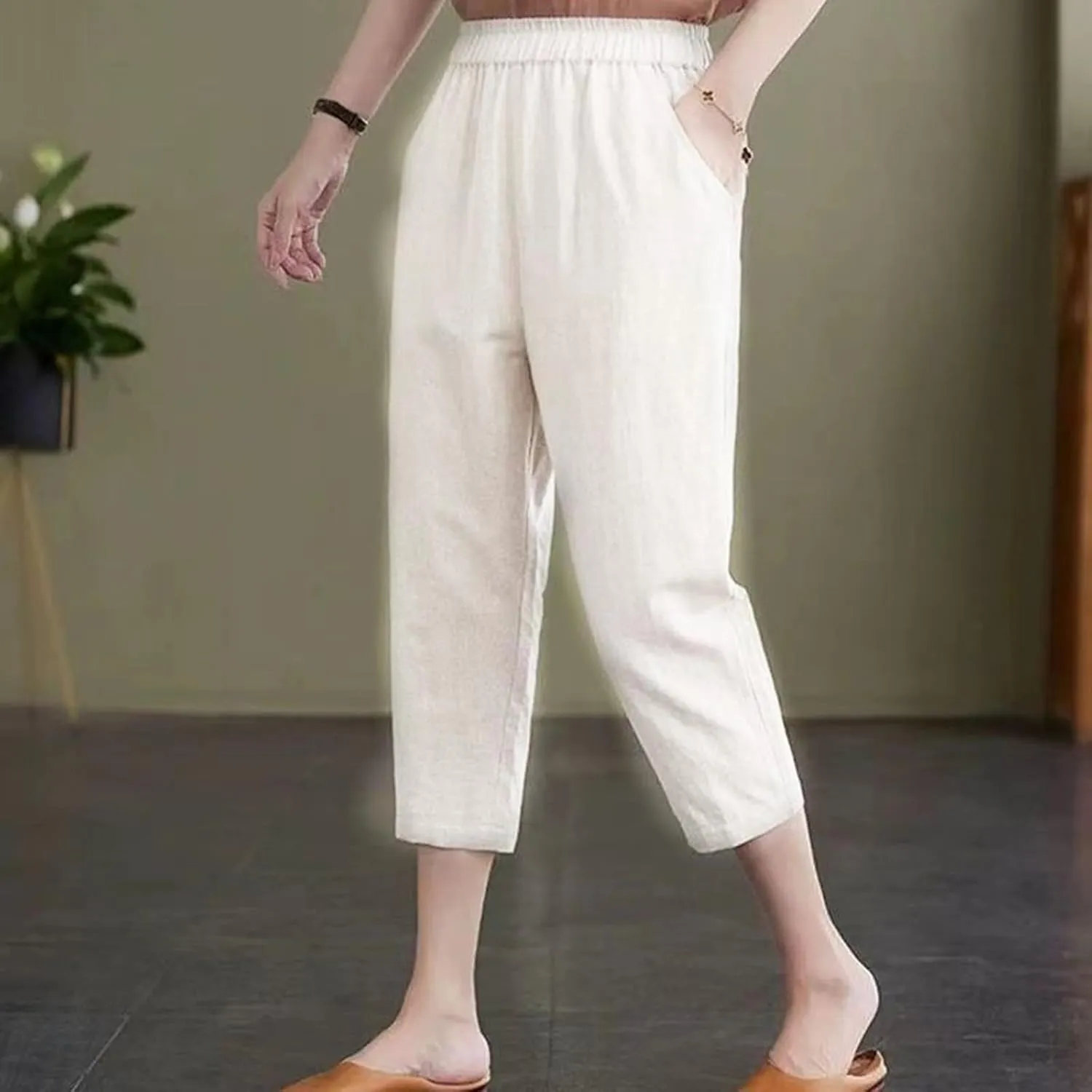 Womens Capri Pants Summer Elastic Waist Pants Dressy Casual Straight Wide Leg High Waisted Pockets Cropped Trouser