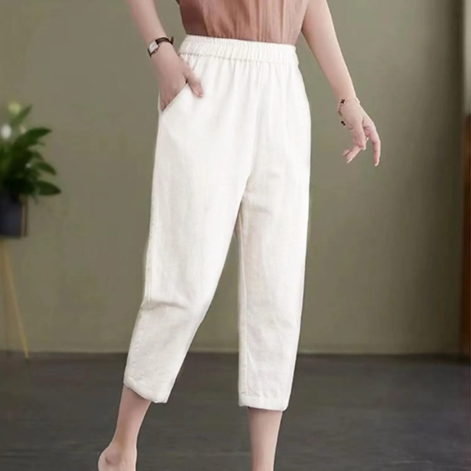 Womens Capri Pants Summer Elastic Waist Pants Dressy Casual Straight Wide Leg High Waisted Pockets Cropped Trouser