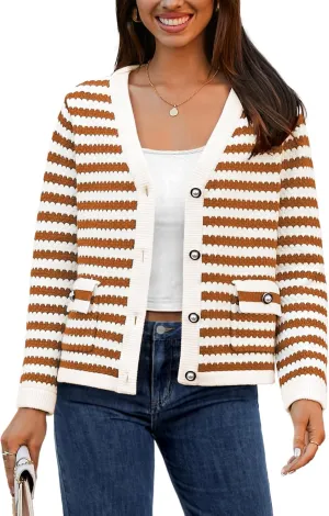 Women's Cardigan Sweaters Long Sleeve V Neck Button Down Knit Outerwear Spring Casual Open Front Cropped Jacket