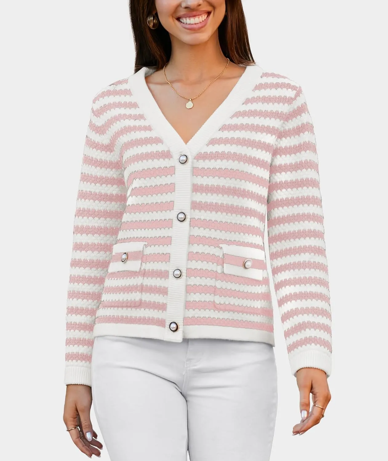 Women's Cardigan Sweaters Long Sleeve V Neck Button Down Knit Outerwear Spring Casual Open Front Cropped Jacket