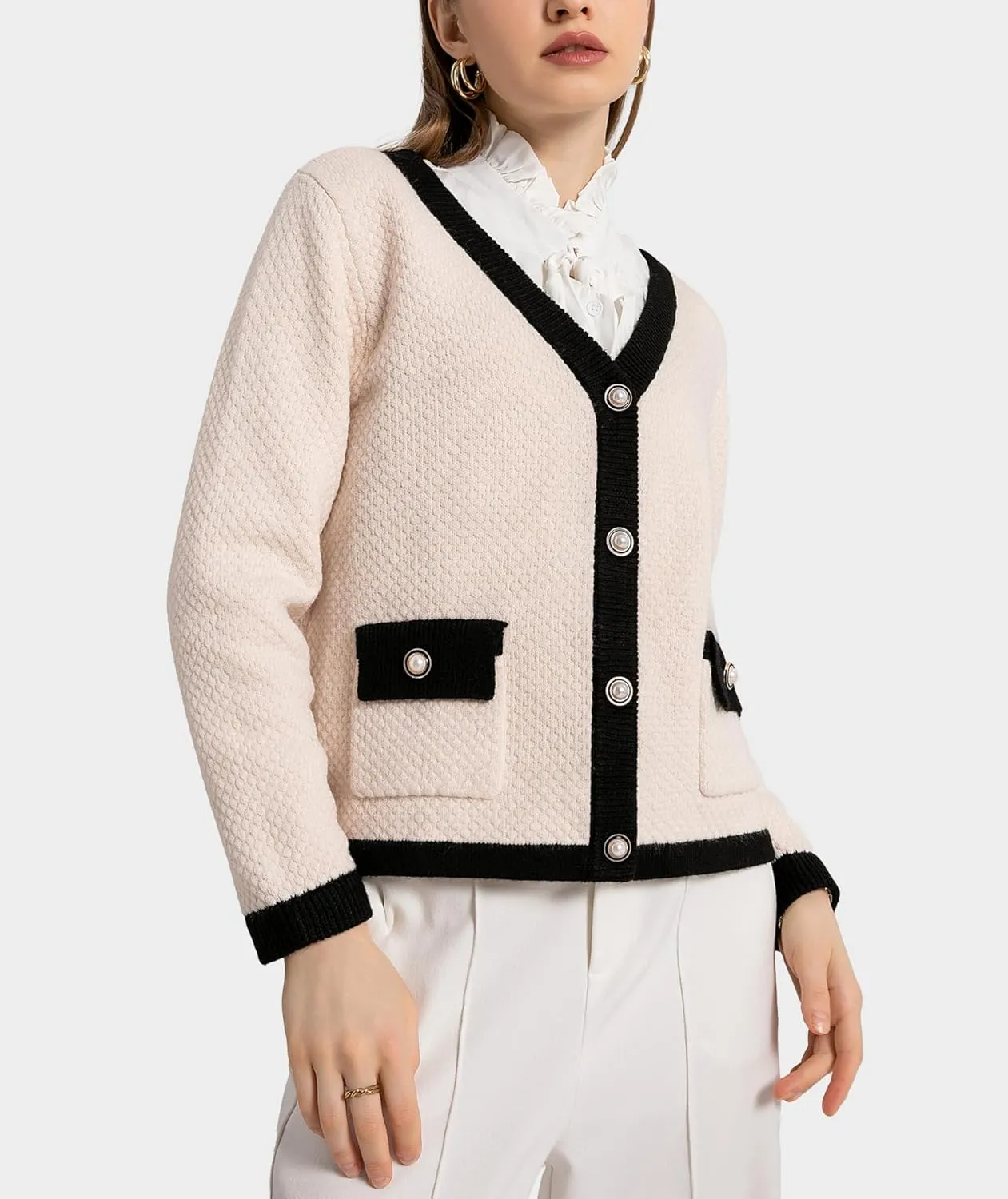 Women's Cardigan Sweaters Long Sleeve V Neck Button Down Knit Outerwear Spring Casual Open Front Cropped Jacket