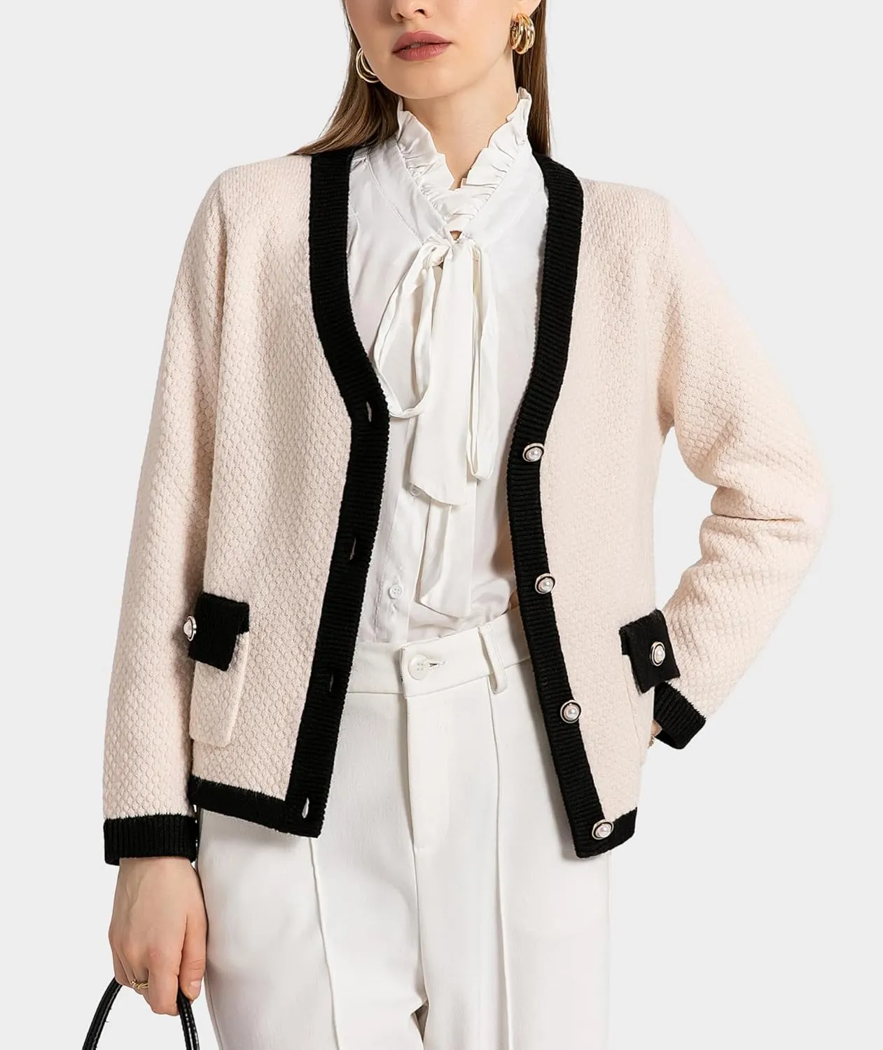 Women's Cardigan Sweaters Long Sleeve V Neck Button Down Knit Outerwear Spring Casual Open Front Cropped Jacket