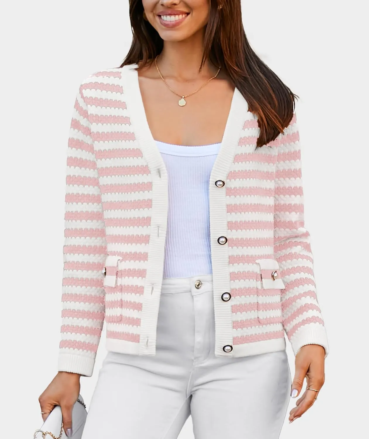 Women's Cardigan Sweaters Long Sleeve V Neck Button Down Knit Outerwear Spring Casual Open Front Cropped Jacket