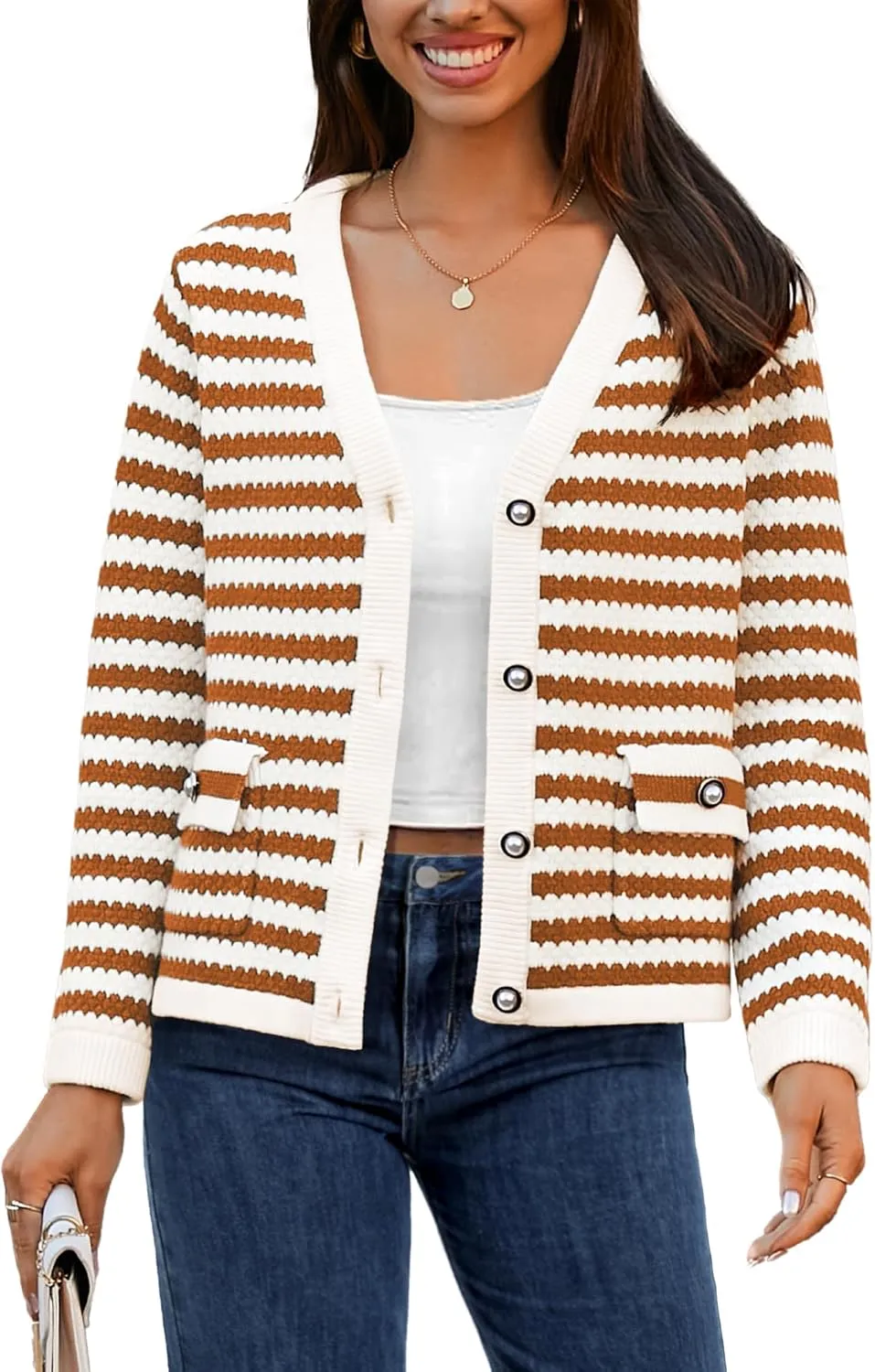 Women's Cardigan Sweaters Long Sleeve V Neck Button Down Knit Outerwear Spring Casual Open Front Cropped Jacket
