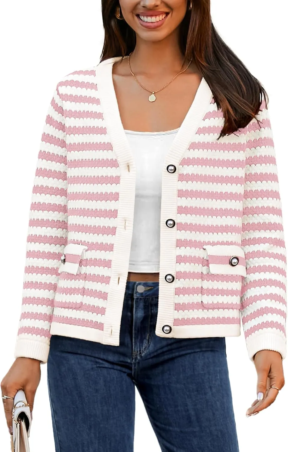Women's Cardigan Sweaters Long Sleeve V Neck Button Down Knit Outerwear Spring Casual Open Front Cropped Jacket