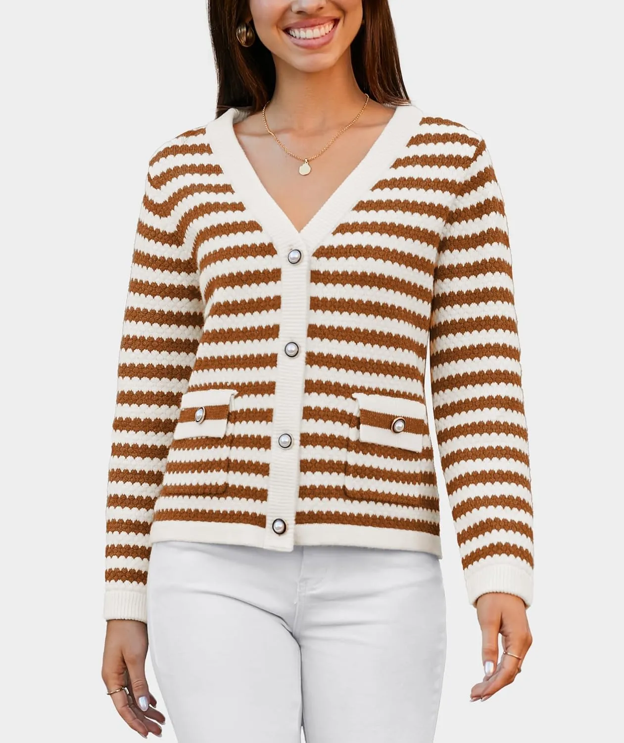 Women's Cardigan Sweaters Long Sleeve V Neck Button Down Knit Outerwear Spring Casual Open Front Cropped Jacket