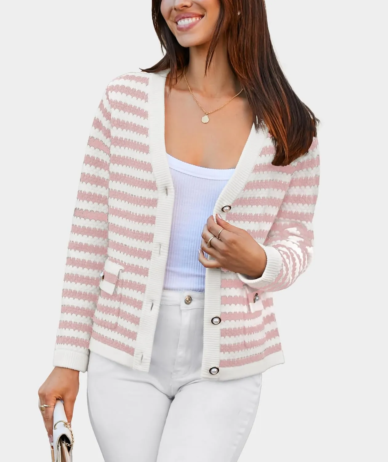 Women's Cardigan Sweaters Long Sleeve V Neck Button Down Knit Outerwear Spring Casual Open Front Cropped Jacket