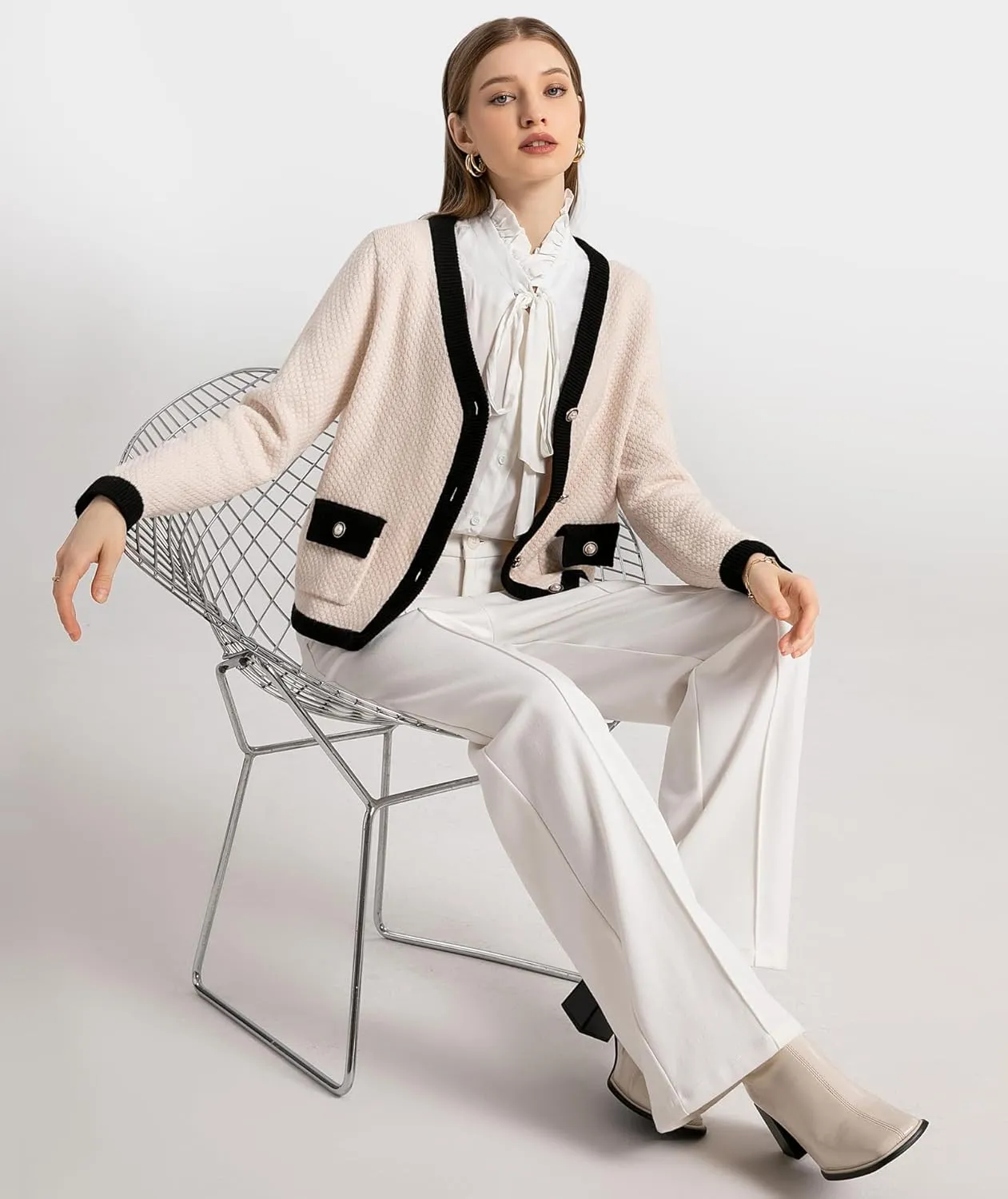 Women's Cardigan Sweaters Long Sleeve V Neck Button Down Knit Outerwear Spring Casual Open Front Cropped Jacket