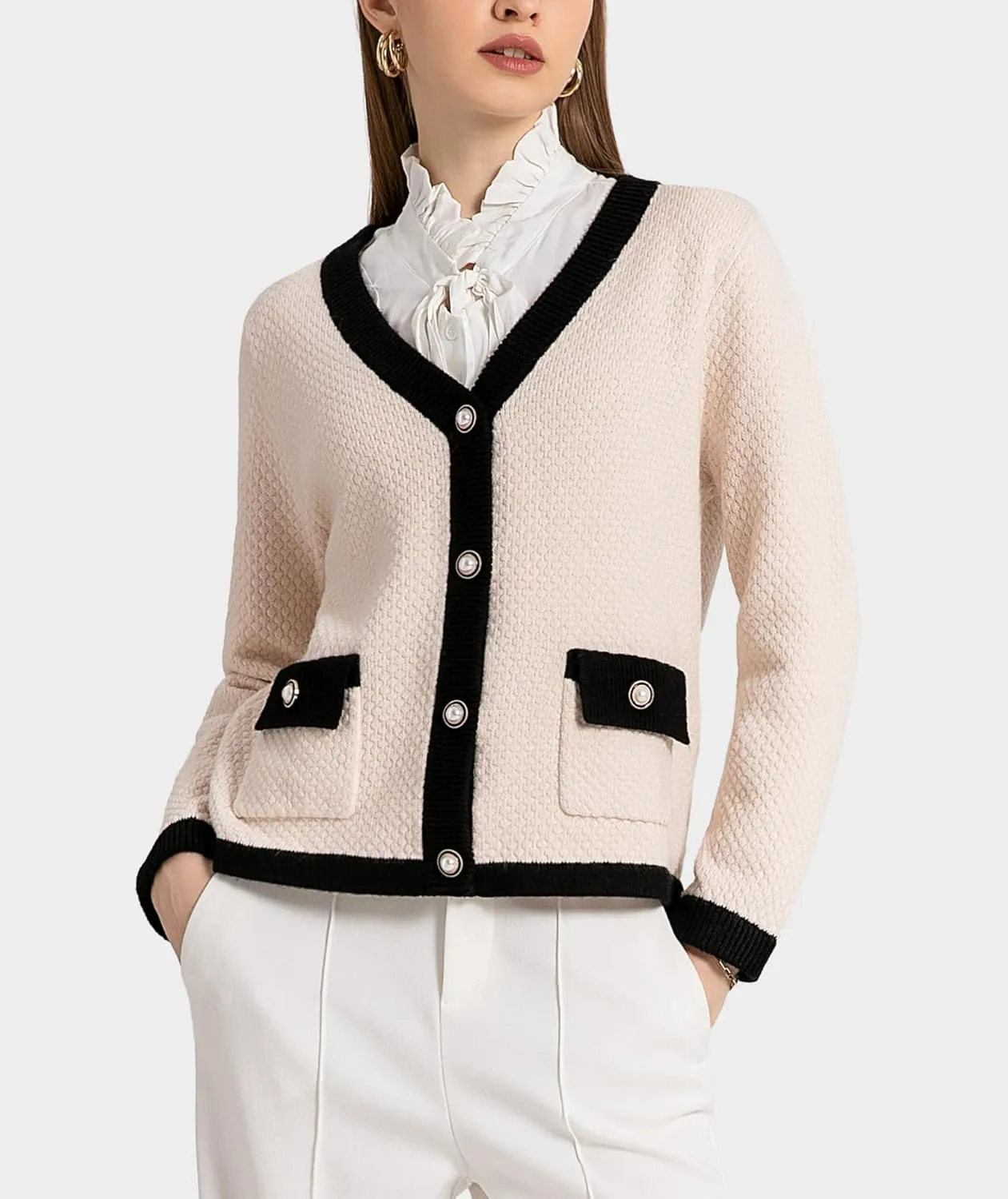 Women's Cardigan Sweaters Long Sleeve V Neck Button Down Knit Outerwear Spring Casual Open Front Cropped Jacket