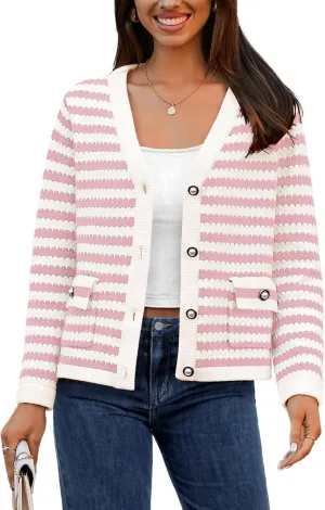 Women's Cardigan Sweaters Long Sleeve V Neck Button Down Knit Outerwear Spring Casual Open Front Cropped Jacket
