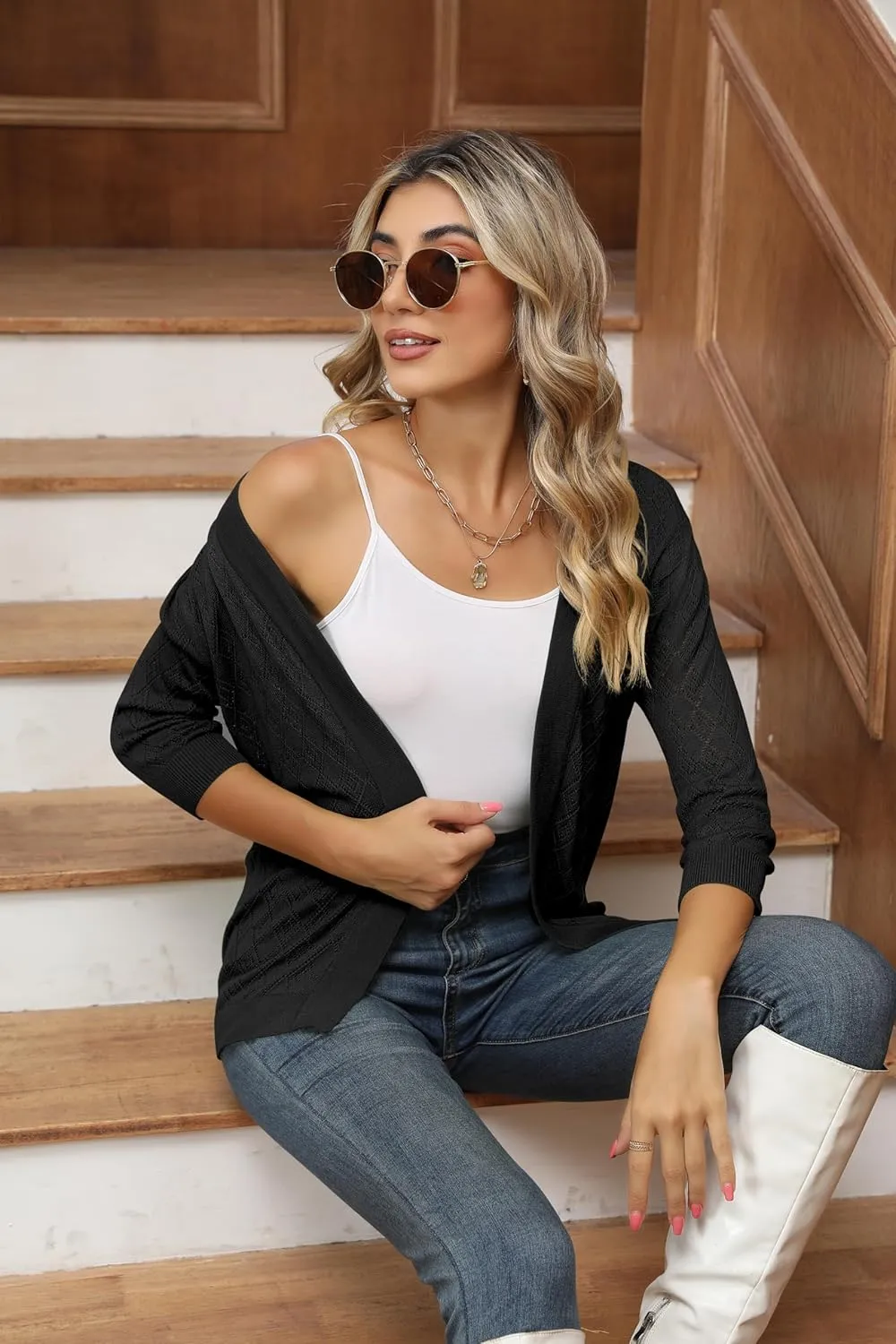 Women's Cardigans 3/4 Sleeve Open Front Lightweight Cropped Cardigan Sweater Hollow Out Knit Shrugs for Dresses