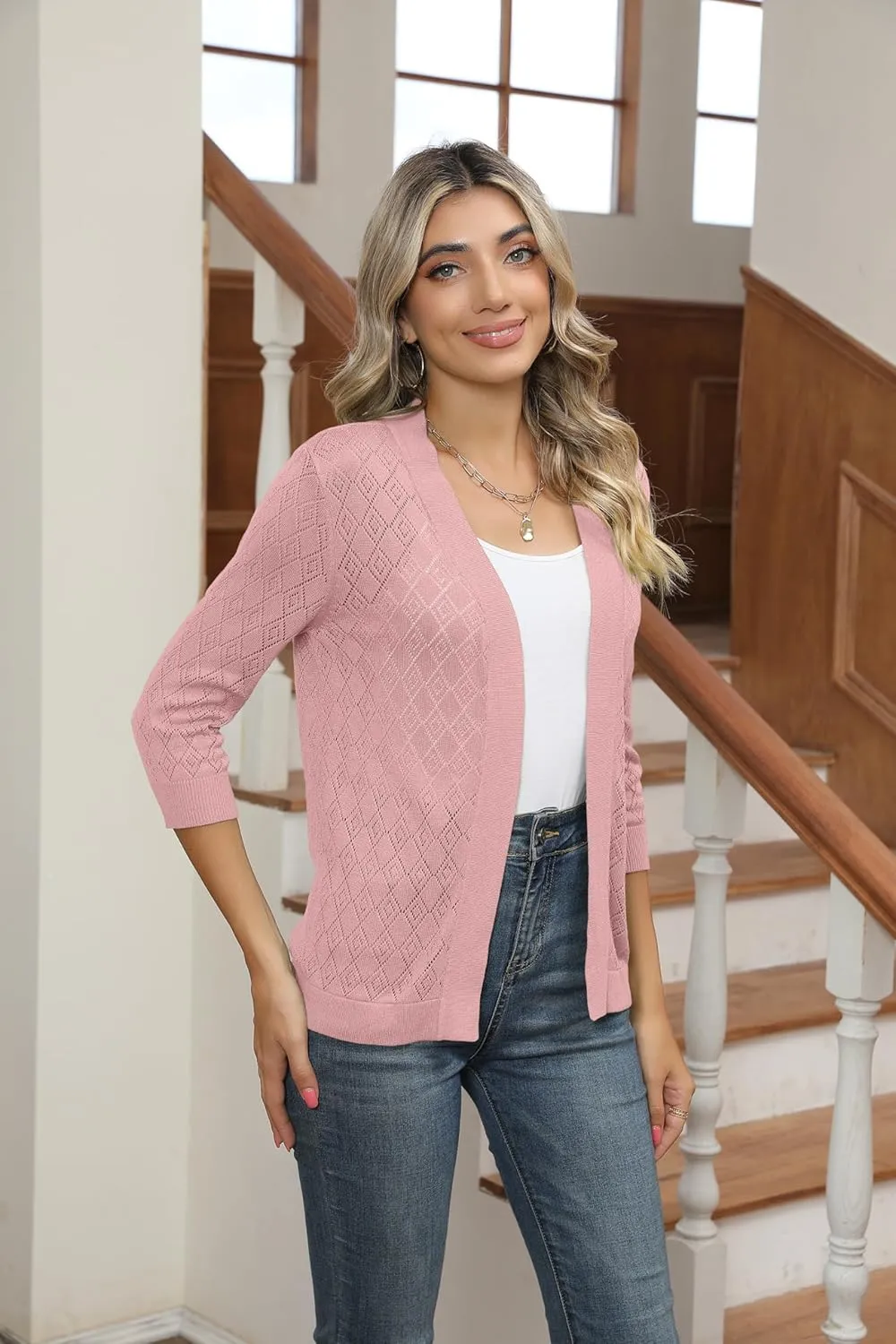Women's Cardigans 3/4 Sleeve Open Front Lightweight Cropped Cardigan Sweater Hollow Out Knit Shrugs for Dresses