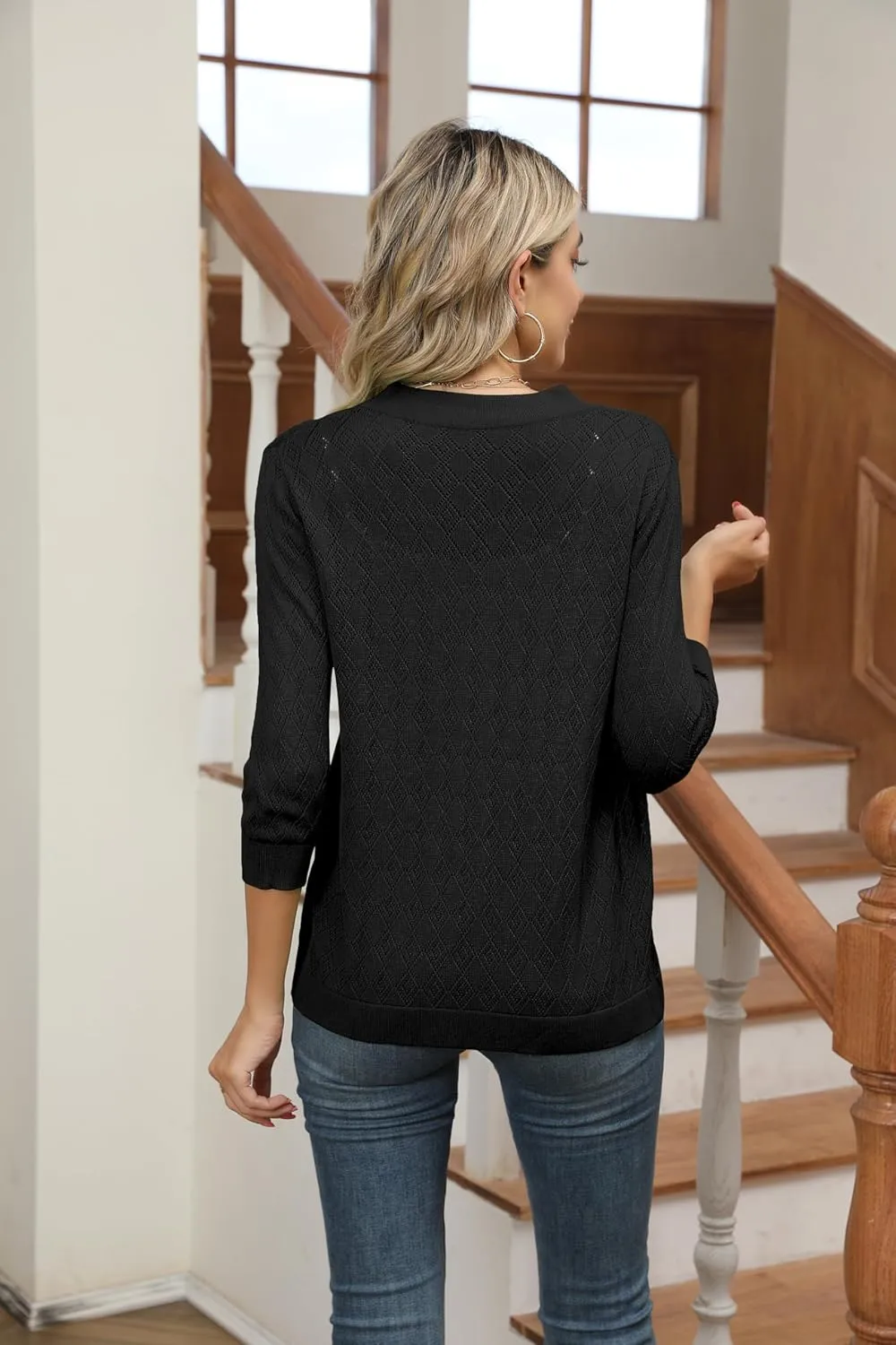 Women's Cardigans 3/4 Sleeve Open Front Lightweight Cropped Cardigan Sweater Hollow Out Knit Shrugs for Dresses